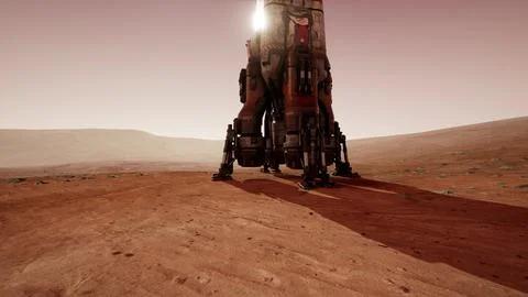 Martian base with a landing module on the surface at sunset 스톡 일러스트