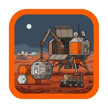 Martian base with robotic arm unpacking cargo from landing module. Stock Illustration