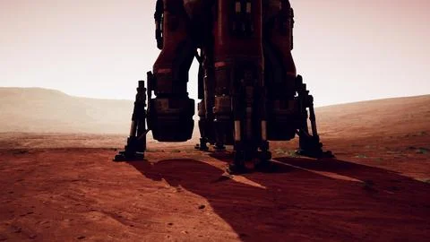 Martian base with spacecraft preparing for exploration on the rocky surface Stock Illustration
