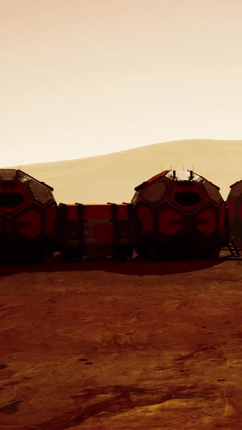 Martian habitat structures observed on the surface of Mars during sunset Stock Footage 339040839