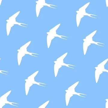 Martin bird silhouette seamless pattern. White swallows silhouette on blue Stock Illustration