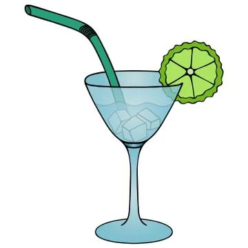 Martini with ice cubes and a slice of lime. Colored vector illustration. Illustrazione stock