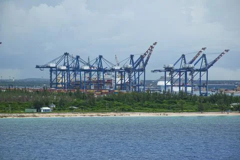 Marvel at the impressive sight of cranes standing tall amidst a vast container y Foto stock