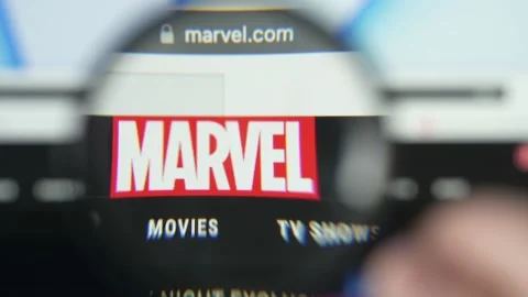 MARVEL Website Logo Online on a Computer Screen Focus Closeup Stock Footage 219155453