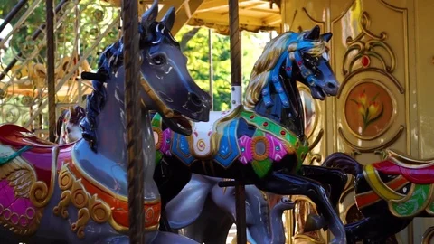 Marvelous close up view on vintage circus carousel retro merry go round horse Stock Footage 97296883