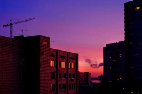 Marvelous gradient skyline during sunset in the city Stock Photos