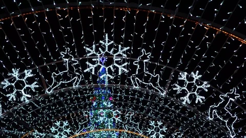 Marvelous New Year decorations bright snowflake reindeer night lights shining Stock Footage 100142116