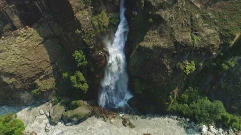 Marvelous rainbow appears in water splashes of waterfall Stock Footage 124680257