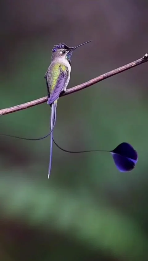 Marvelous spatuletail hummingbird perched on a thin branch in the forest Stock Footage 334824487