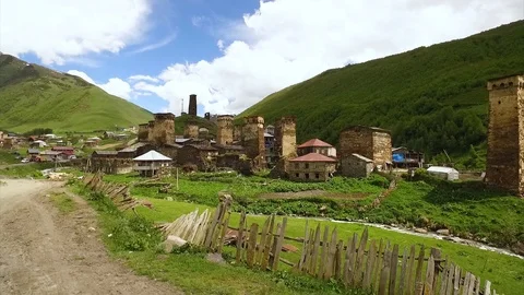Marvelous view of the river and village Ushguli in the  Georgian mountains Stock Footage 87344957