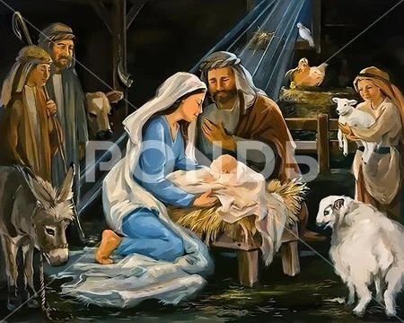 Mary and Joseph with the baby in the stable. Birth of Jesus Christ ...