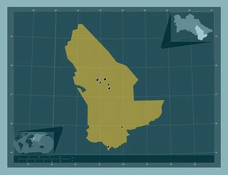 Mary, Turkmenistan. Solid color shape. Locations of major cities of the regio 스톡 일러스트