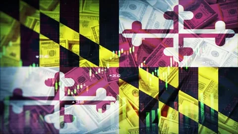 Maryland Flag on Economic Background With Decrease Bar Chart Graph And Arrow Stock Footage 320971662