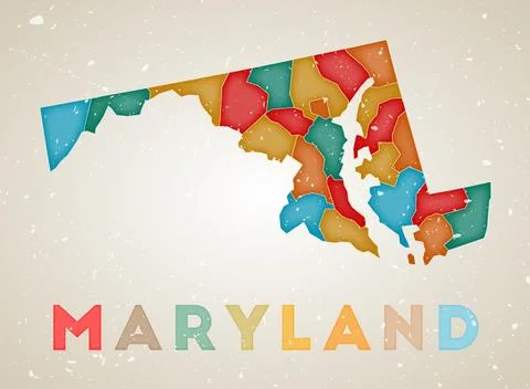 Maryland map. Us state poster with colored regions. Old grunge texture. Vec.. Stock Illustration