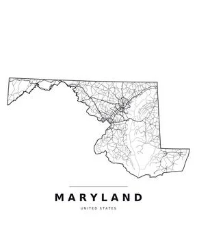Maryland MD Map Counties Highways Roads Black White Editable Vector Stock Illustration