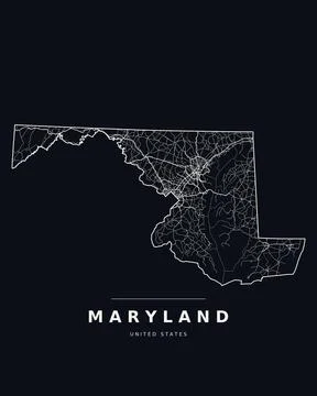 Maryland MD Map Counties Highways Roads Dark Mode Editable Vector Stock Illustration