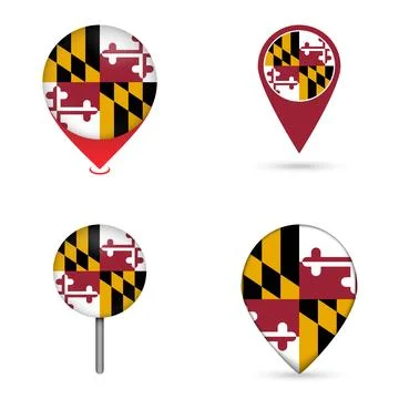 Maryland State Flag Map Pin Icons Set Collection Stock Illustration