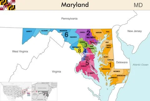 Maryland state map with counties borders and congressional districts Stock Illustration