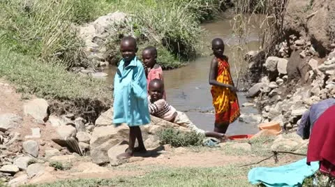 Masai Children at the Stream   (HD) Stock Footage 13046482