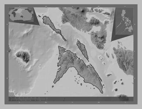 Masbate, Philippines. Grayscale elevation map with lakes and rivers Stock Illustration
