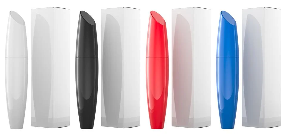 Mascara tubes with packaging boxes, mockup template. 3D rendering Stockillustratie