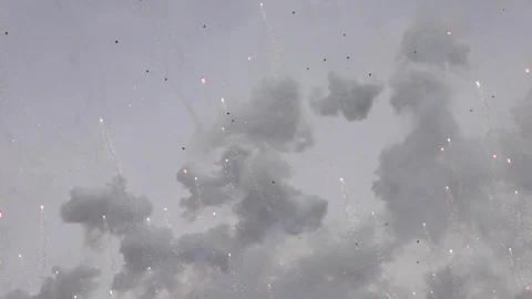 Mascletas fireworks exploding in air during Fallas Festival, Valencia Spain Stock Footage 88960024