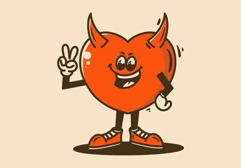 Mascot character of a standing devil heart with hands forming a peace symbol Stock Illustration