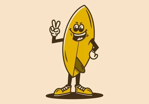 Mascot character of a standing surfboard with hands forming a peace symbol Stock Illustration