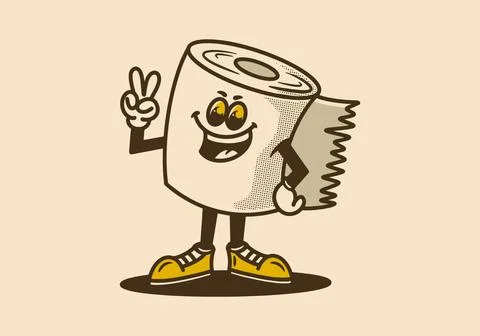 Mascot character of a standing tissue roll with hands forming a peace symbol Stock Illustration