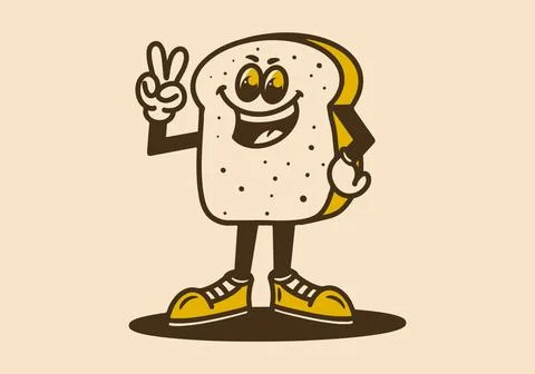 Mascot character of a standing white bread with hands forming a peace symbol 스톡 일러스트