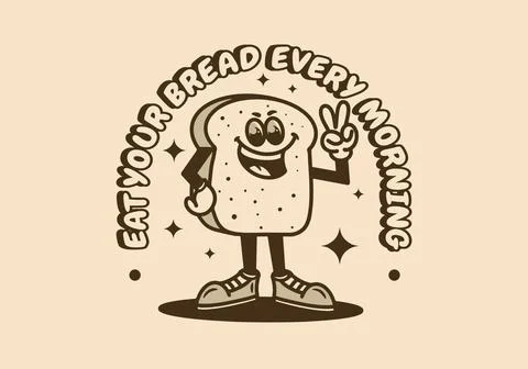 Mascot character of a standing white bread with hands forming a peace symbol 스톡 일러스트