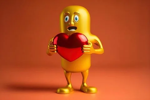Mascot figure with a red heart on a yellow backdrop holding a golden prize Stock Illustration