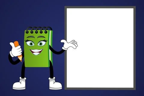 Mascot notepad character standing with blank placard and pointing to Stock Illustration