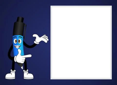 Mascot pen character posing pointing to blank placard Stock Illustration