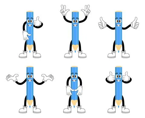 Mascot pencil character set doing different actions  with cheerful expression Stock Illustration