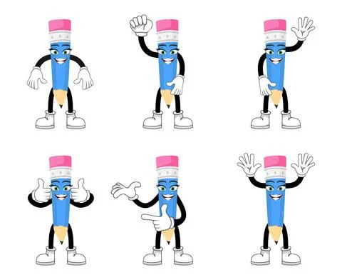 Mascot pencil character set doing different actions with cheerful expression Stock Illustration