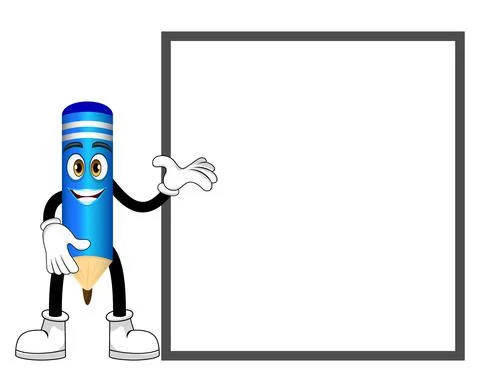 Mascot pencil characters posing pointing to blank placard Stock Illustration
