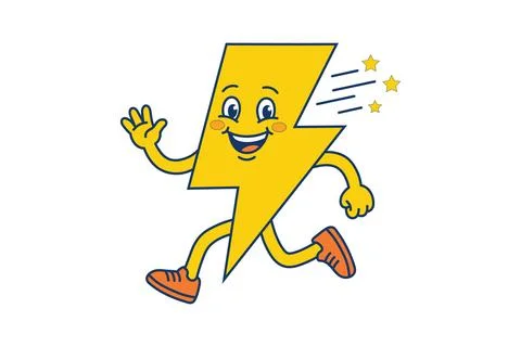 Mascot Yellow lightning bolt character running with orange shoes and stars 스톡 일러스트