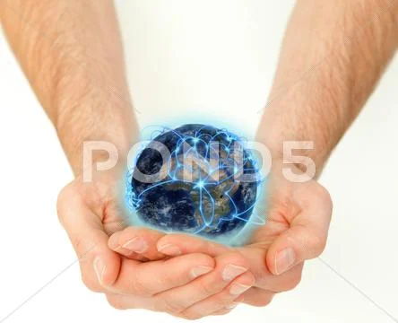 Masculine hands holding a connected planet globe Stock Illustration