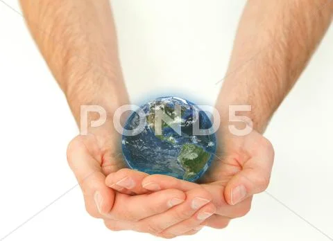 Masculine hands holding a planet globe Stock Illustration