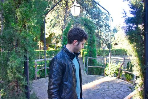 Masculine model in fall clothes in small town in spain Stock Photos