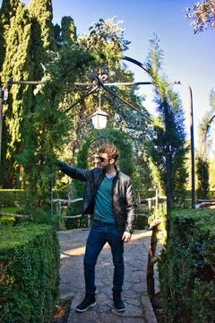 Masculine model in fall clothes in small town in spain Stock Photos