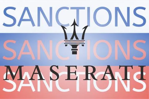 Maserati logo in front of the sanction text on the Russian flag. Fresh sanctions Stock Illustration