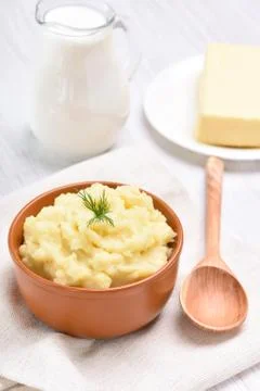 Mashed potato with dill in ceramic bowl 写真素材
