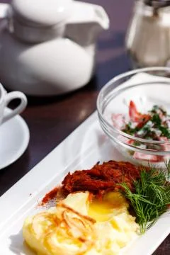 Mashed potato with fried onion Stock Photos
