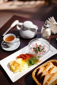 Mashed potato with fried onion Stock Photos