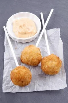 Mashed potato pops and spicy mayonnaise Stock Photos