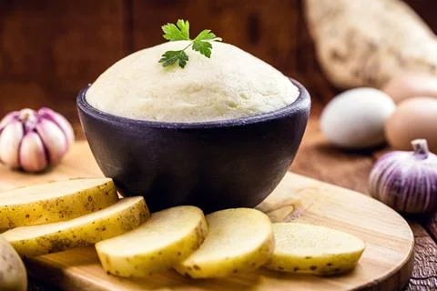 Mashed potato, potato cream in rustic kitchen Stock Photos
