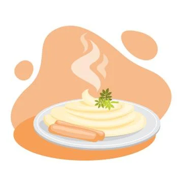 Mashed potato with sausage on the plate. Dinner or lunch Stock Illustration