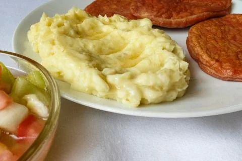 Mashed potatoes and hamburger background Fotos Stock